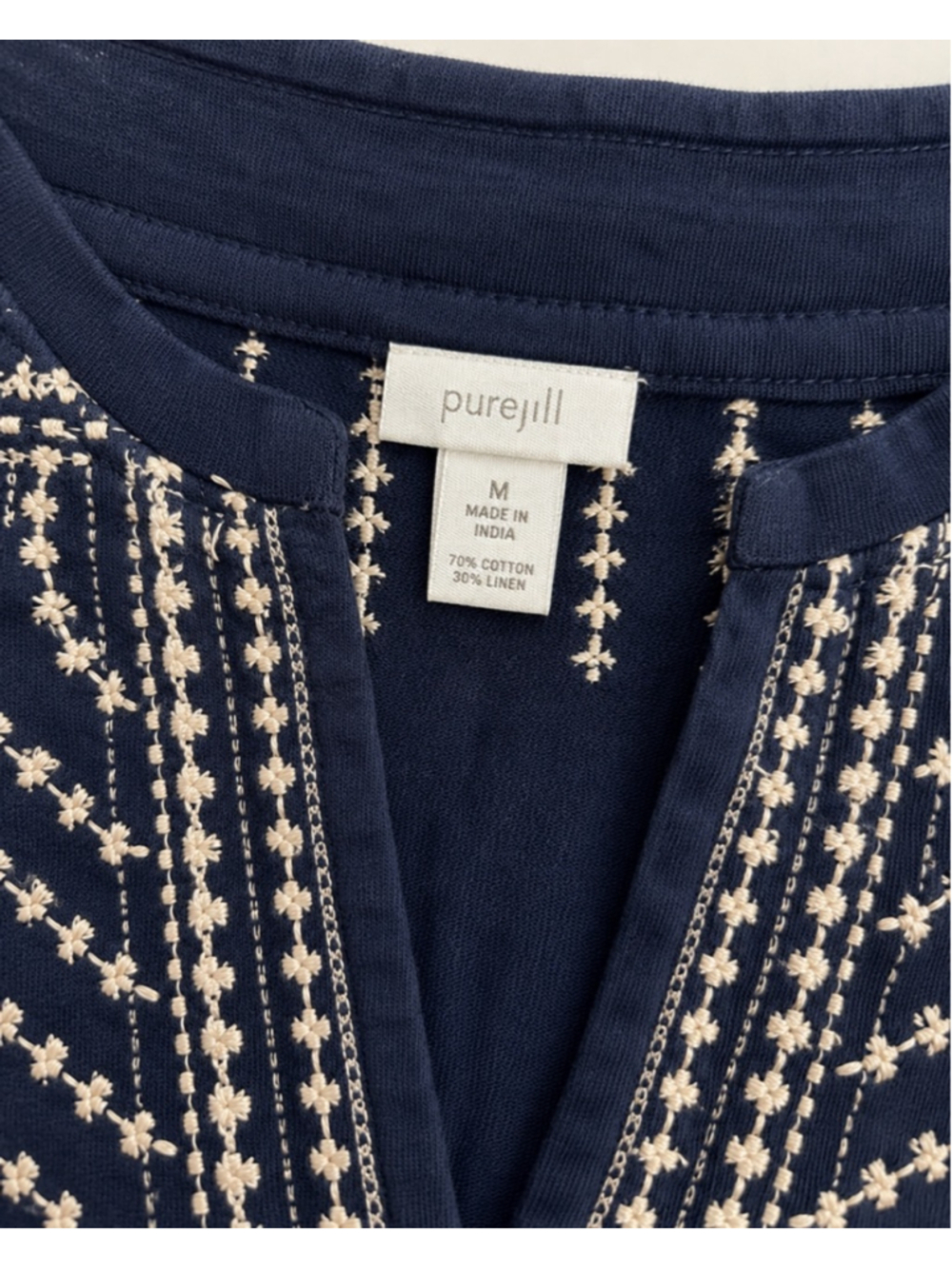 Pure Jill Embroidered Tunic Top Women’s Medium Navy Blue Cotton Linen Boho - Picture 7 of 8
